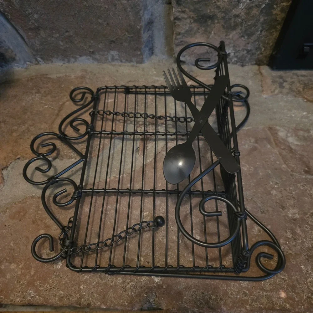 Black Wrought Iron Cookbook Stand Scrollwork Easel with Page Weights Fork Spoon